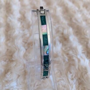 Vintage Mexico Alpaca Abalone Malachite Hinge Bangle Bracelet